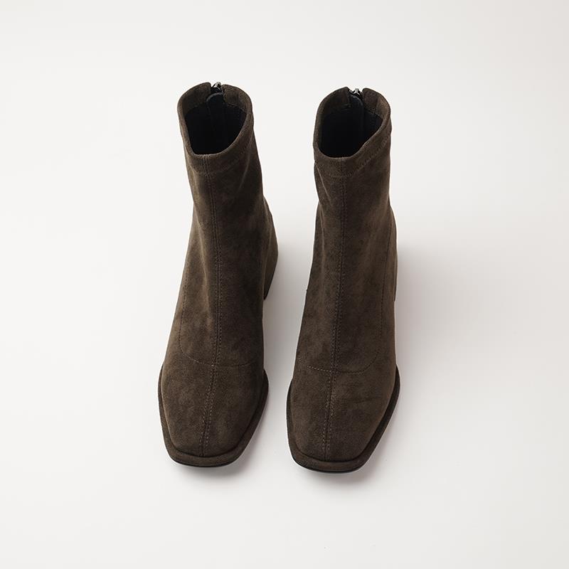 美丽说韩版洋气小短靴女春秋单靴中跟粗跟绒面拉链瘦瘦靴墨绿色