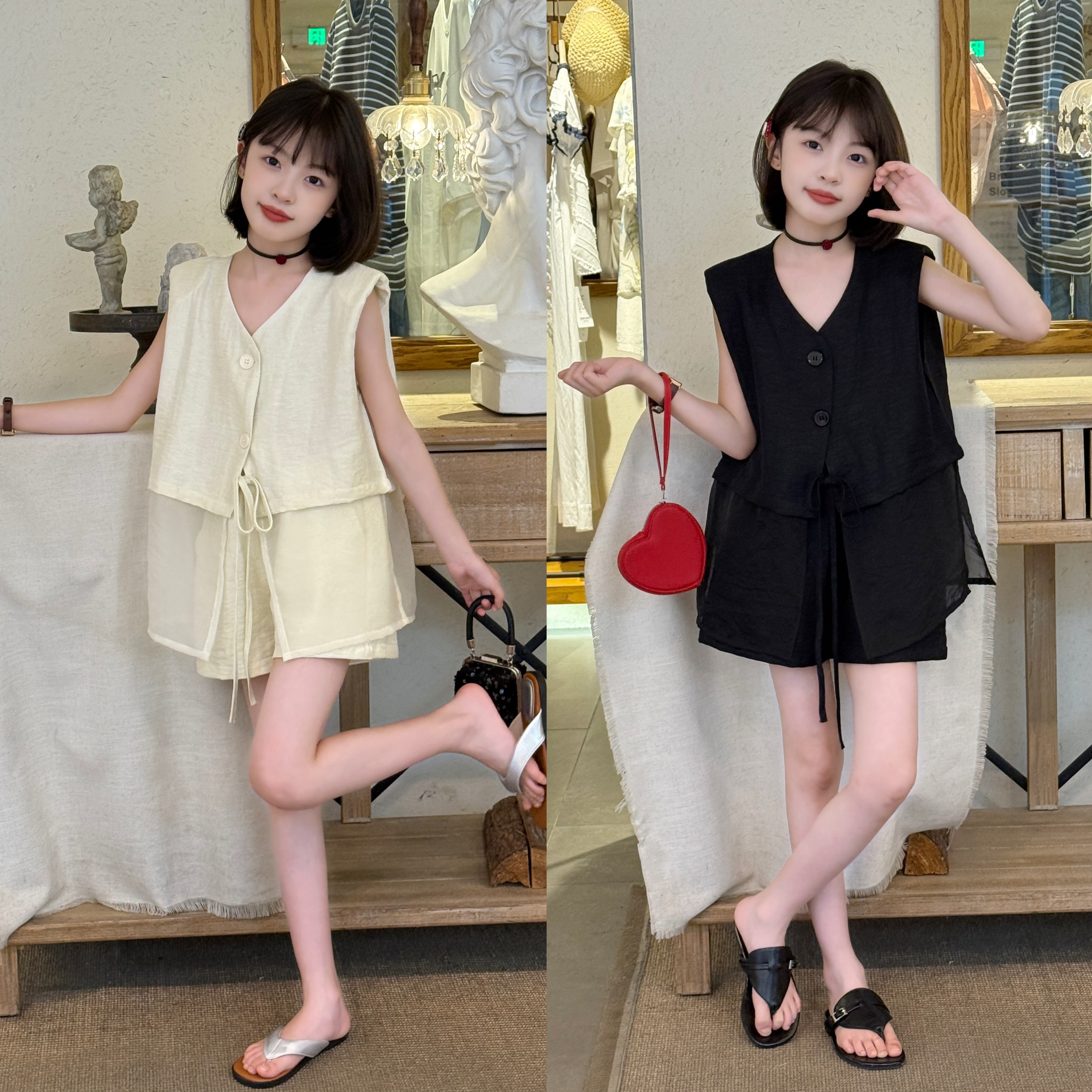 女童夏季网纱拼接无袖背心套装短裤洋气时髦中大童夏装休闲两件套