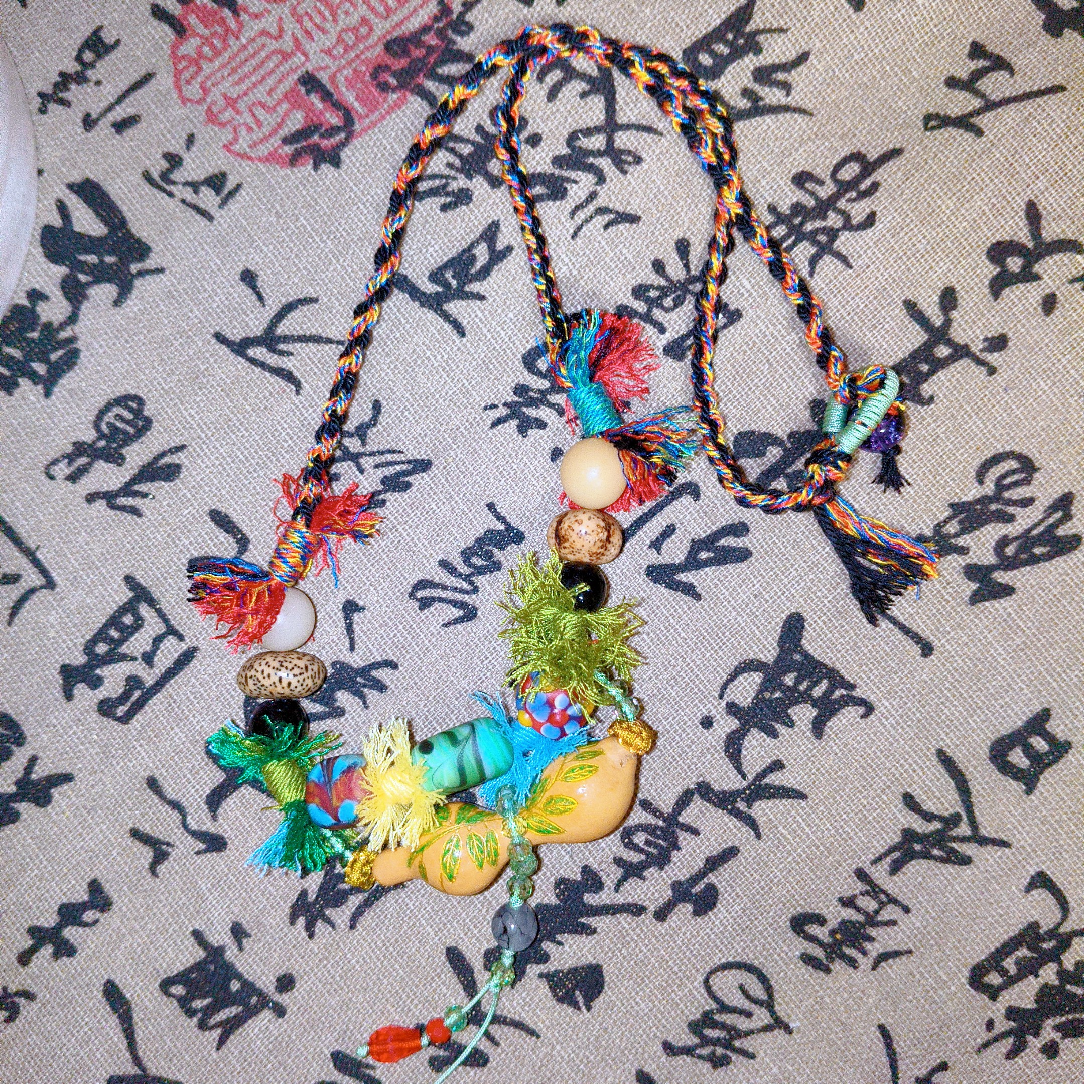 非金属棉绳项链 原创设计手工藏式编织天然葫芦刻画碌柚叶锁骨链