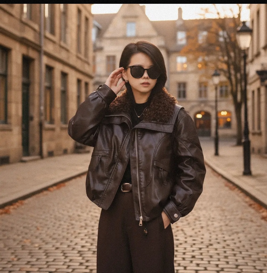 【微依韩】2025冬季新款白鸭羊毛翻领拉链短款水洗皮保暖皮衣女外套