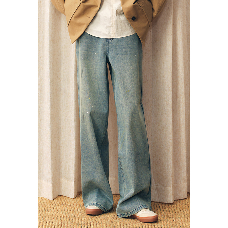 HERLAND她地【粉刷匠】复古做旧水洗阔腿牛仔裤女款百搭显瘦微喇裤