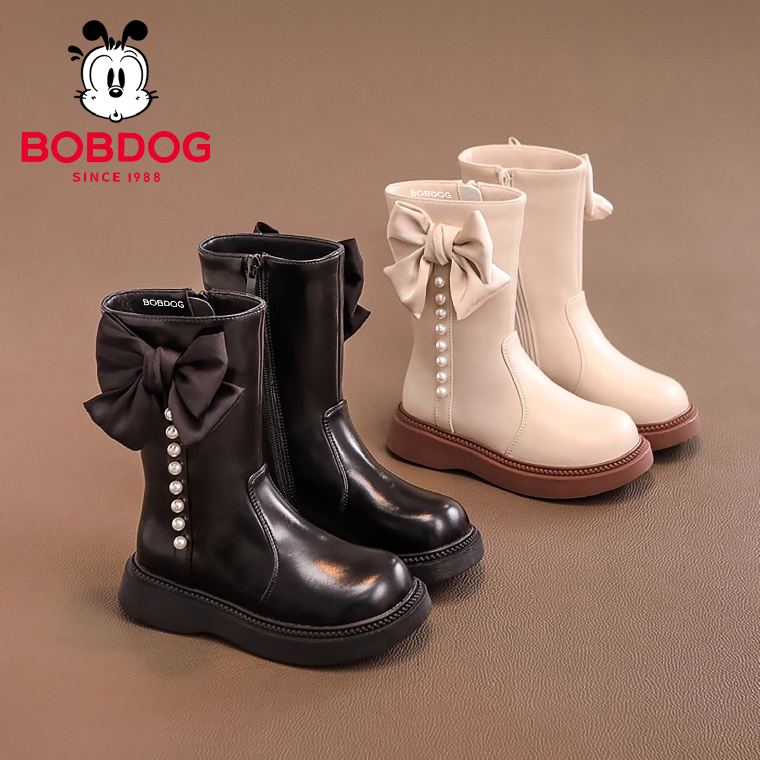 巴布豆女童长筒靴秋冬季加绒宝宝公主中筒靴软底白色儿童马丁靴