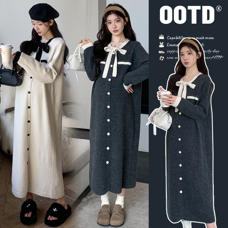 孕妇2025秋冬韩系时尚小香风系带开扣气质宽松撞色显瘦毛衣连衣裙