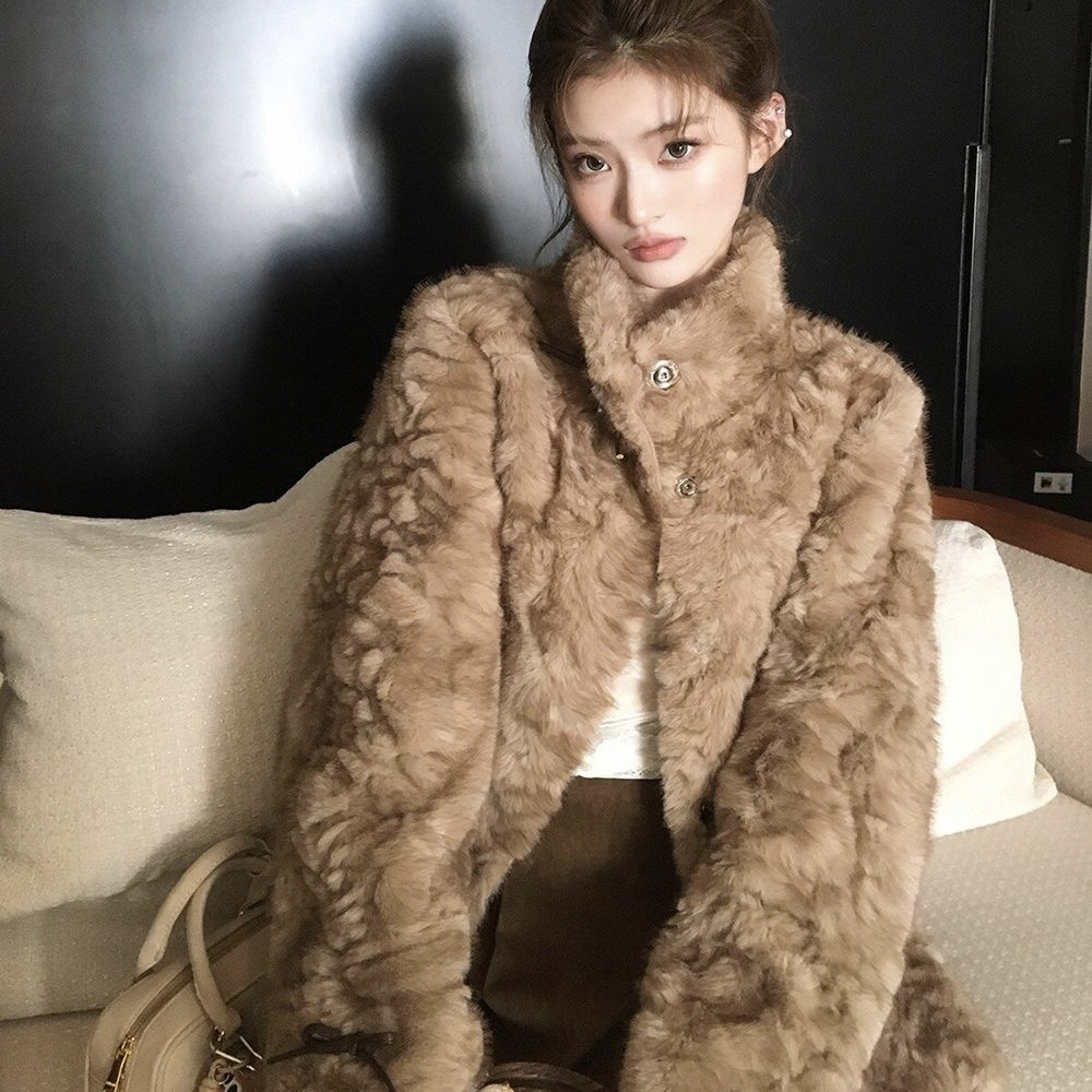 小熊心事新款毛毛外套立领染尖皮毛一体慵懒休闲外套