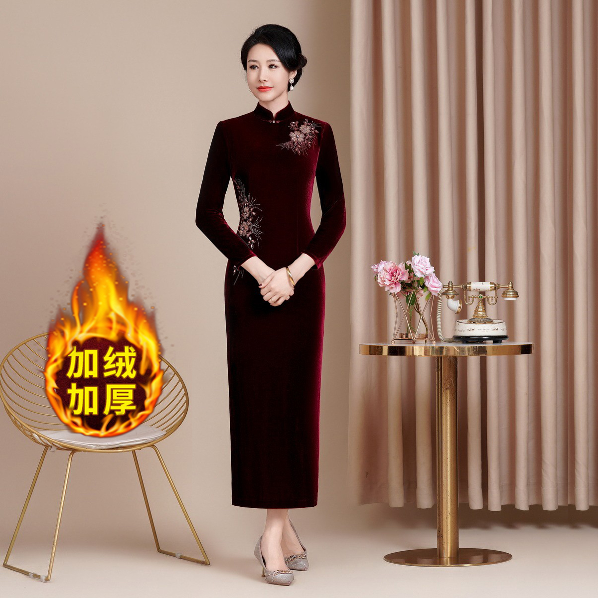 秋冬加绒加厚喜婆婆新中式婚礼旗袍高贵喜妈妈长袖金丝绒敬酒礼服