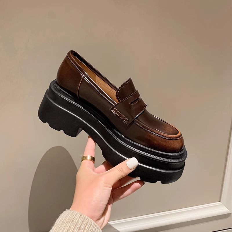 小个子增高厚底乐福鞋女2025春秋新款英伦风小皮鞋一脚蹬粗跟单鞋