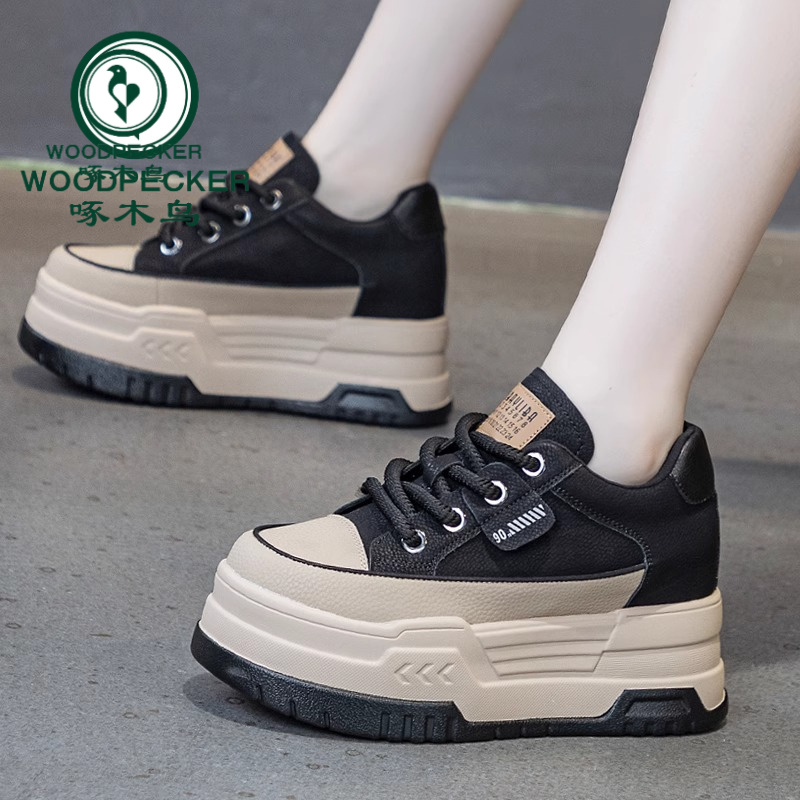 啄木鸟女鞋百搭复古秋冬厚底小个子鞋子女士松糕休闲板鞋乐福鞋