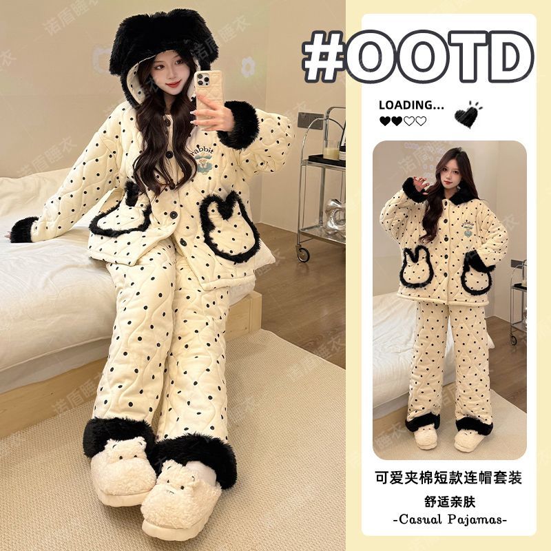 三层夹棉加绒加厚2025年冬季新款睡衣女珊瑚绒家居服外穿套装女士
