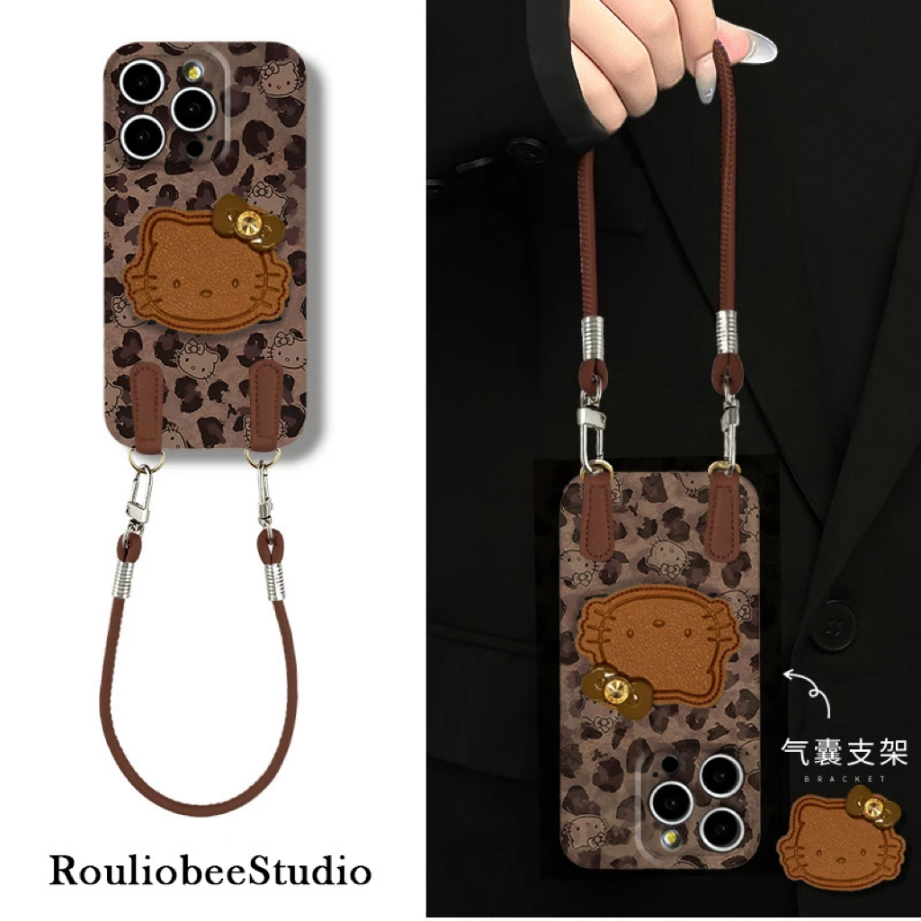 豹纹KT头支架挂绳适用17苹果16手机壳iPhone15小米14vivooppo华为