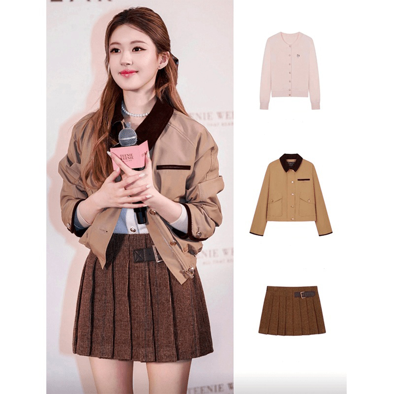 【露思同款焦点巴恩】翻领短款夹克外套+粉色开衫+格子半裙22811#