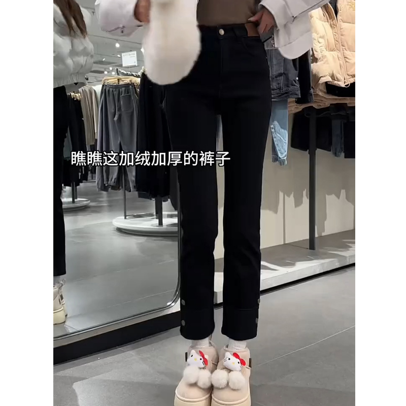 黑色高腰九分烟管牛仔裤子女秋冬加绒弹力大码宽松显瘦直筒法棍裤