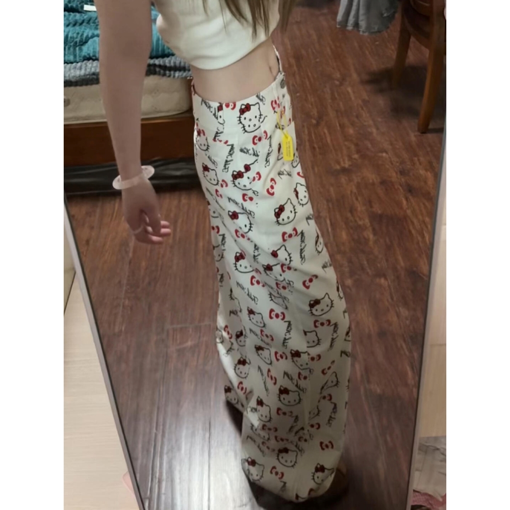 【清仓+运费险】卡通可爱kitty猫咪印花牛仔裤女直筒宽松慵懒阔腿裤