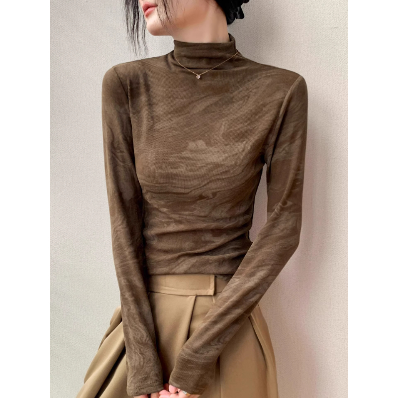 半高领扎染长袖T恤女2025秋季新款修身内搭打底衫外穿高级上衣女