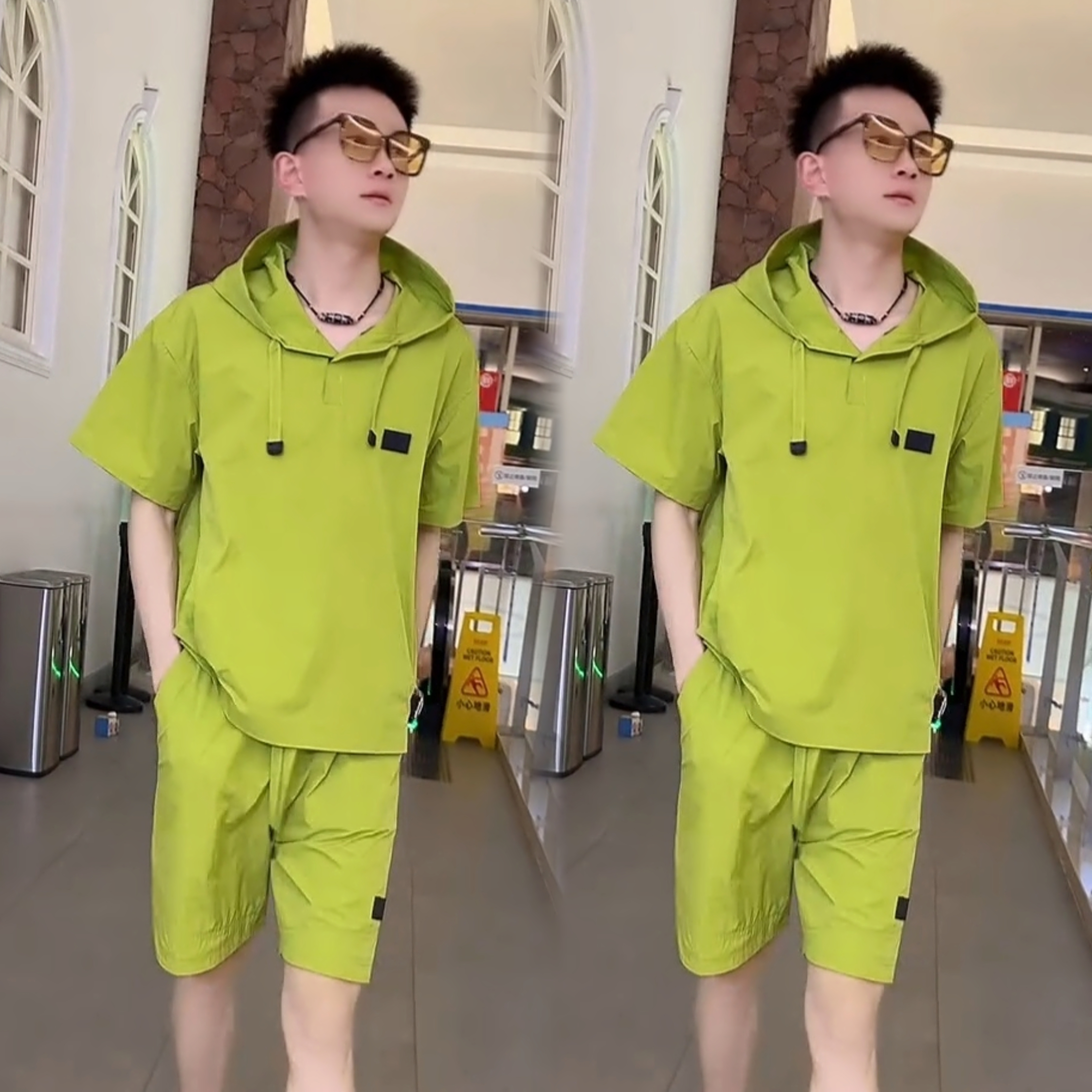 2025夏季新款男装时尚简约休闲运动套装男款连帽短袖短裤两件套潮