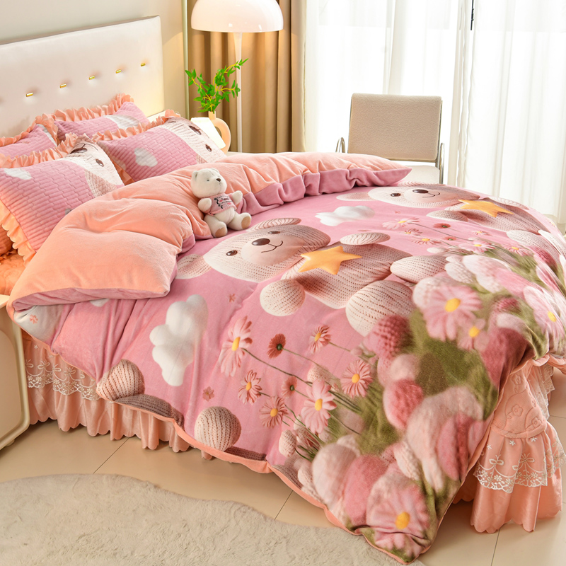 3D立体卡通四件套冬宝宝绒夹棉床盖粉色保暖被套加厚花边小熊可爱