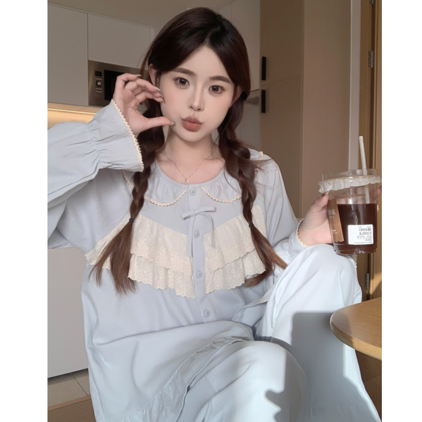 甜美公主风蕾丝娃娃领纯棉睡衣女款春秋季长袖长裤宽松家居服套装