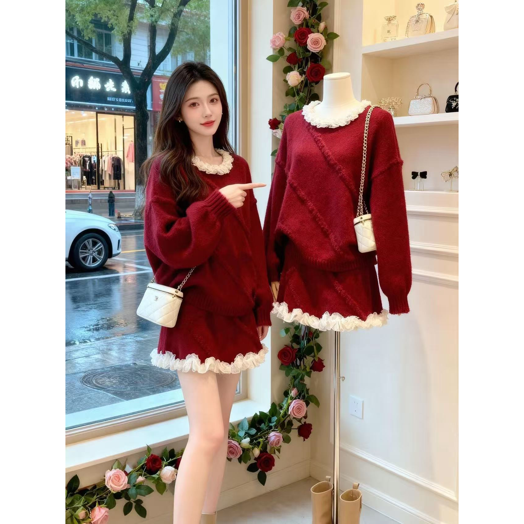新年圣诞穿搭毛衣套装秋冬大码女装拼接花边领上衣显瘦短裙两件套