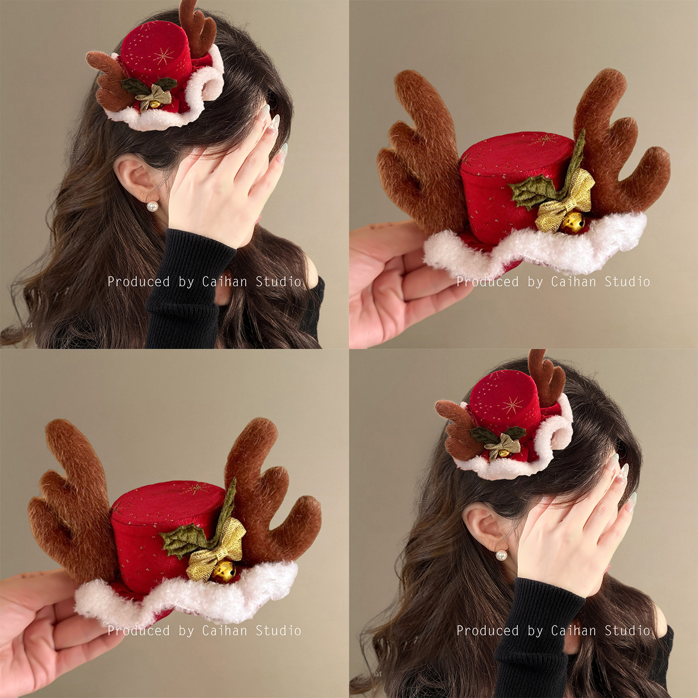 圣诞鹿角巷~麋鹿小礼帽立体发夹新款森系可爱毛绒鸭嘴夹旅行发卡