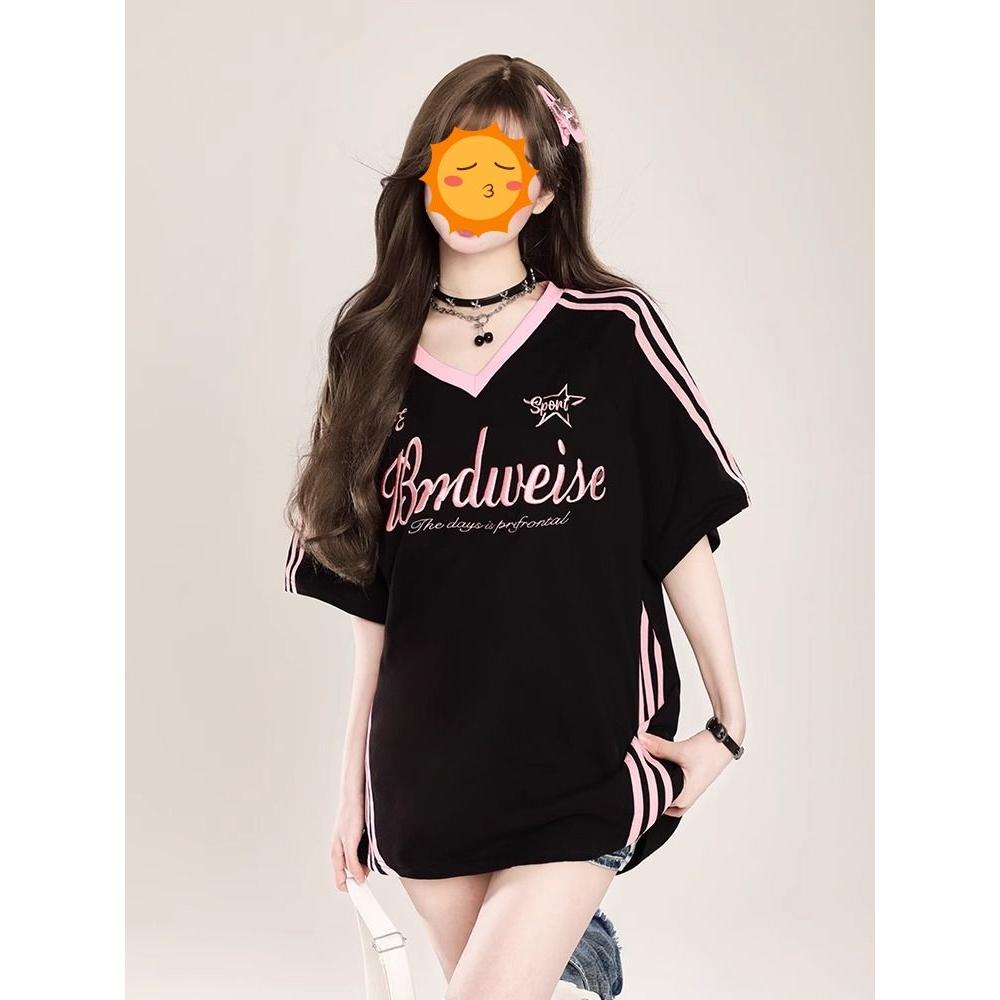 美式复古潮流撞色拼接v领宽松短袖t恤女夏季oversize休闲胖mm上衣