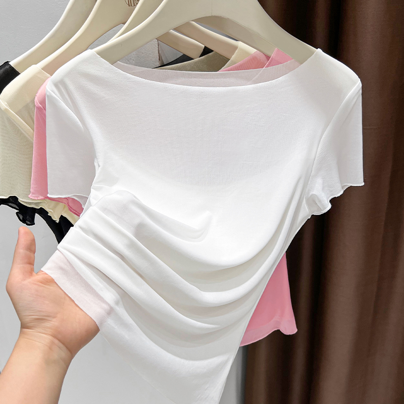 别致漂亮冰丝一字肩露锁骨短袖T恤女新款小个子褶皱收腰显瘦上衣