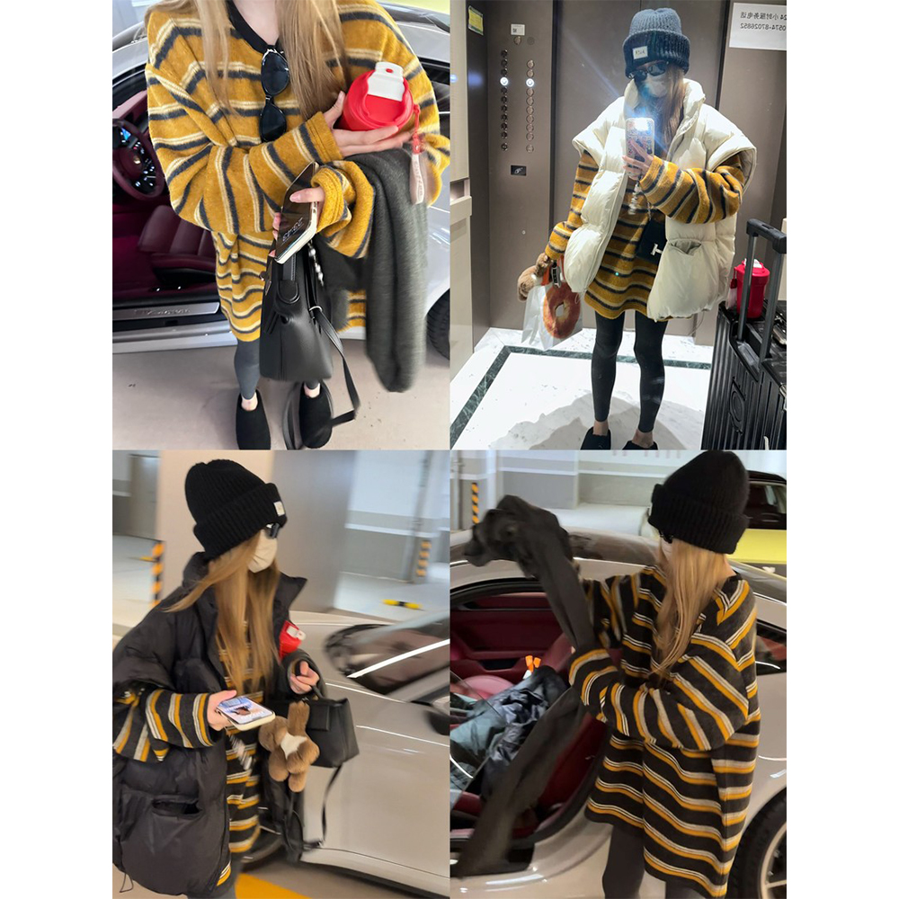 仿兔毛绒感！像一件粗针毛衣一样的加厚条纹T恤 宽松韩系23251#