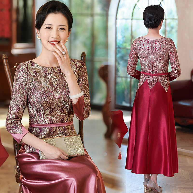 酒红色喜妈妈礼服2025新款爆款遮肚子40-50岁喜婆婆丈母娘婚宴