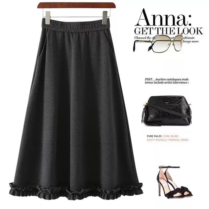 韩系超百搭A字伞裙女2025秋冬季新款松紧腰下摆拼接花边中长半裙