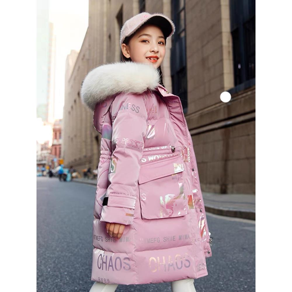 女童服中大童亮面免洗加绒加厚中长款外套保暖洋气冬季童装