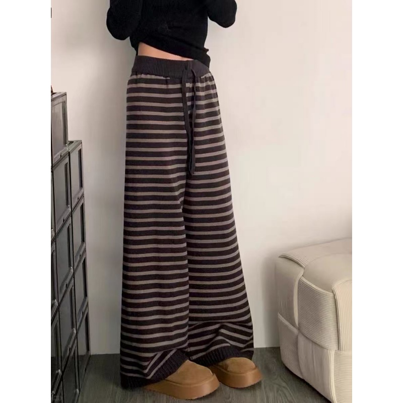 咖色条纹针织阔腿裤女秋冬慵懒风高腰显瘦垂感休闲拖地长裤毛线裤