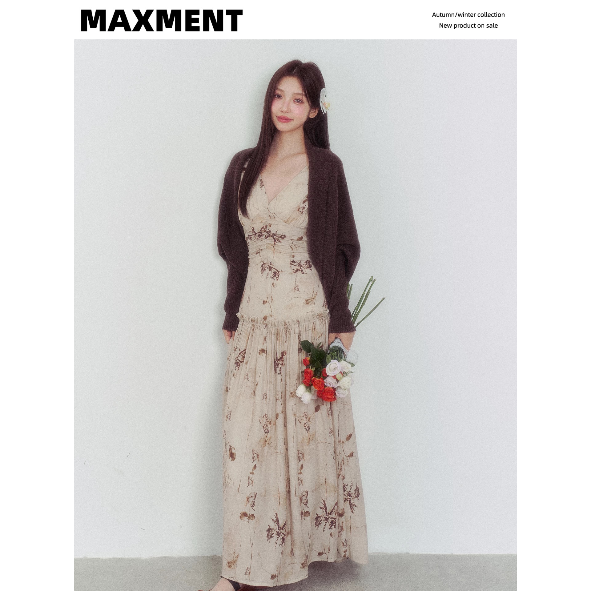 MAXMENT法式蝴蝶印花V领碎花连衣裙+蝙蝠袖显瘦慵懒毛织针织外套