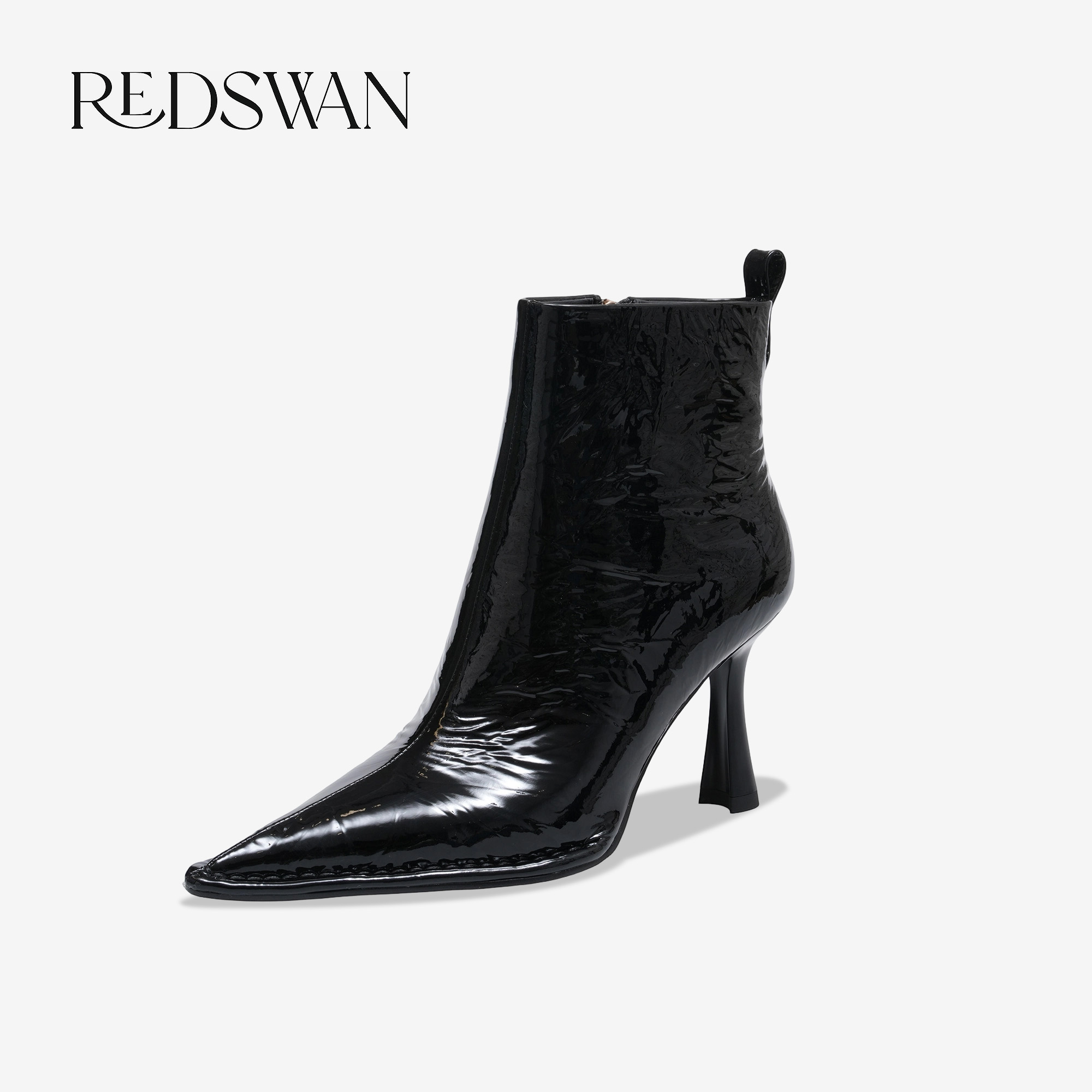 REDSWAN   时装短靴尖头靴冬季时尚百搭秋冬粗跟女靴单里漆皮女鞋
