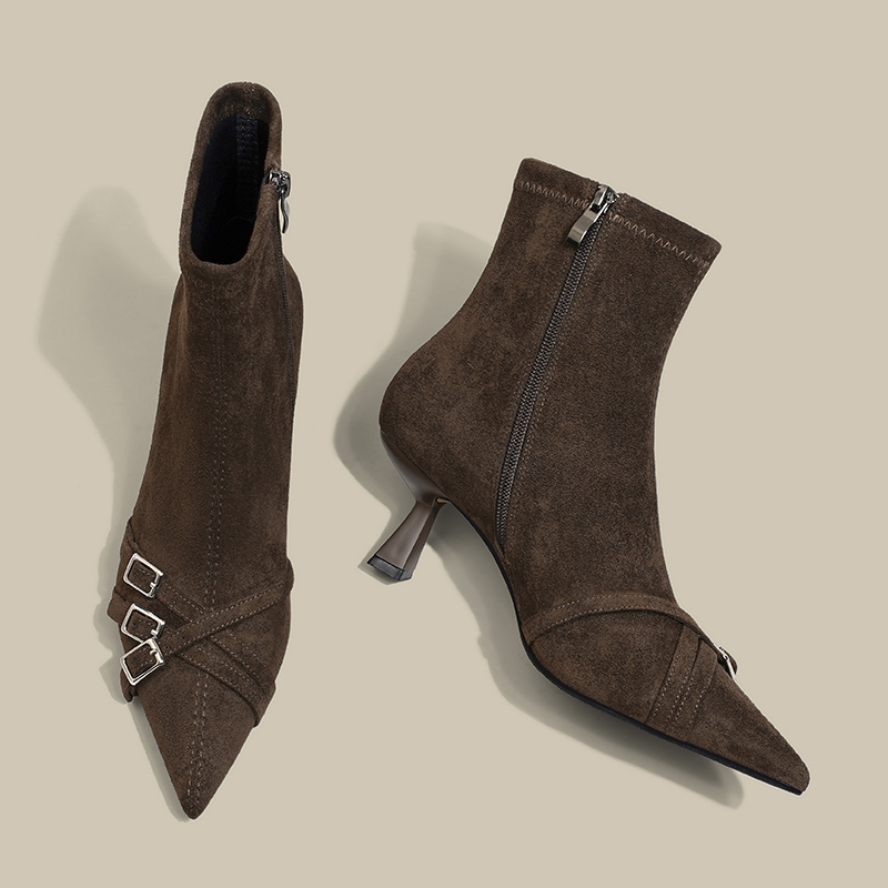 Moleubak尖头短靴女高跟鞋皮带扣绒面袜靴子细跟马丁瘦瘦靴6cm