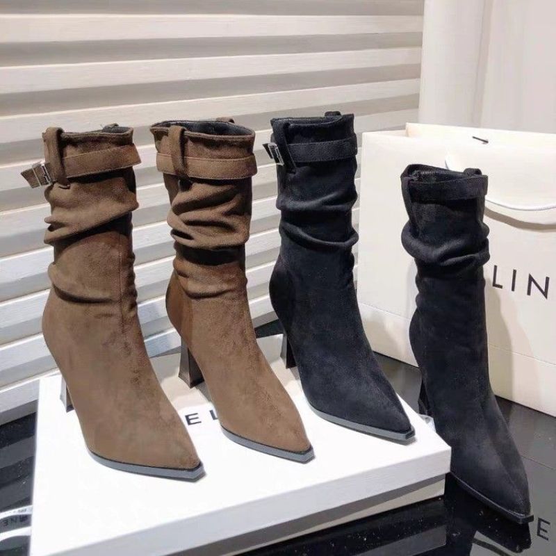 女鞋韩版时尚褶皱中筒细跟堆堆靴女2025秋皮带扣绒面尖头高跟短靴