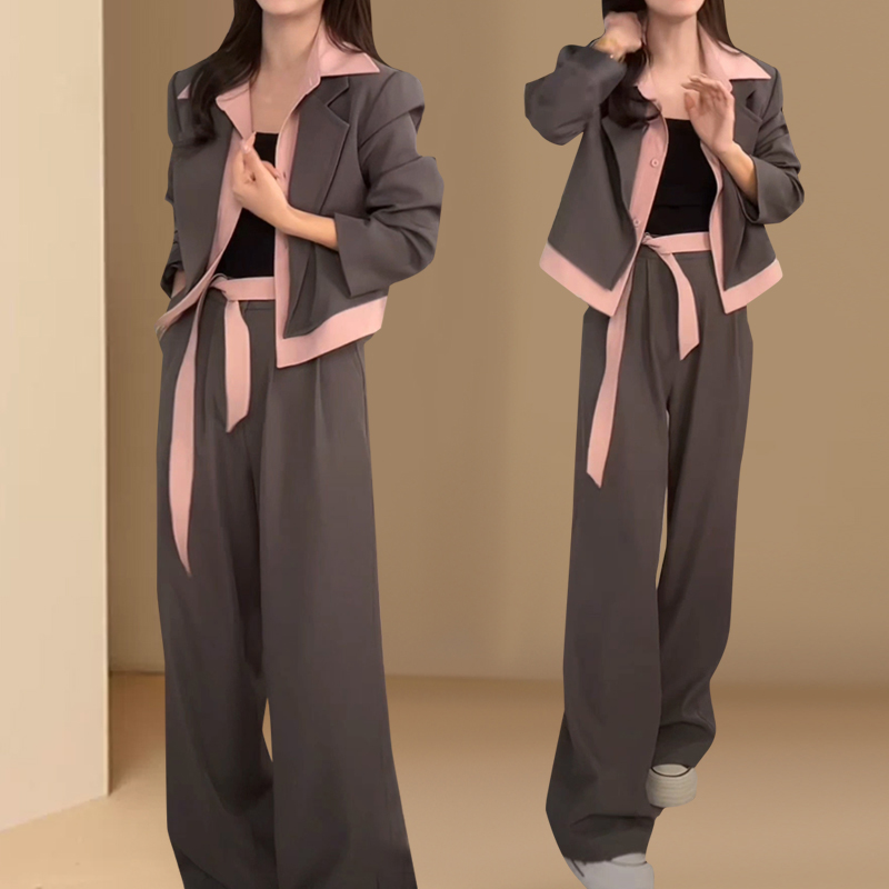 休闲西服套装女2025春秋新款时尚假两件拼接西装外套阔腿裤套装潮