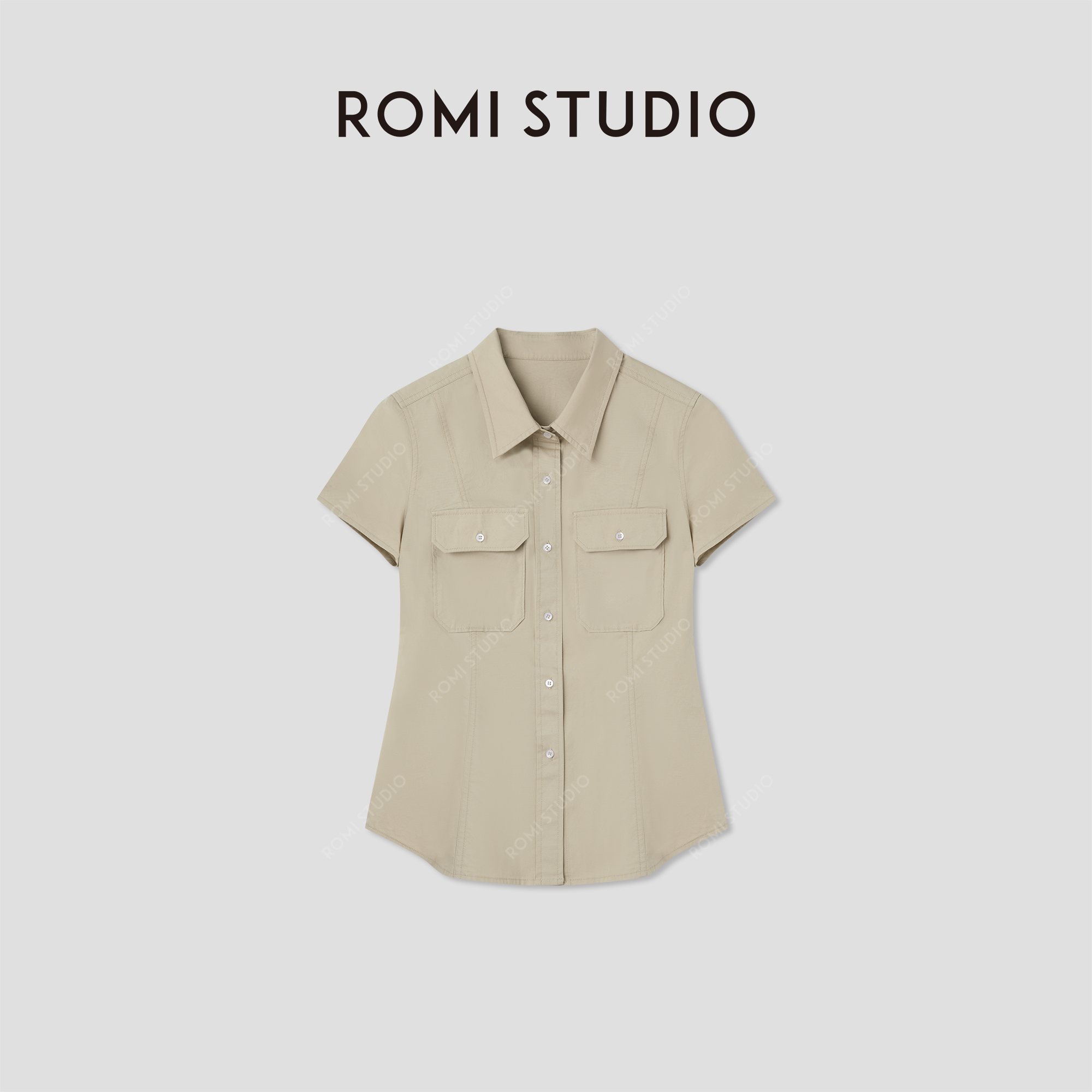 ROMI STUDIO“美式复古”经典Polo领棉质微弹短袖薄衬衫 RWCRS94200