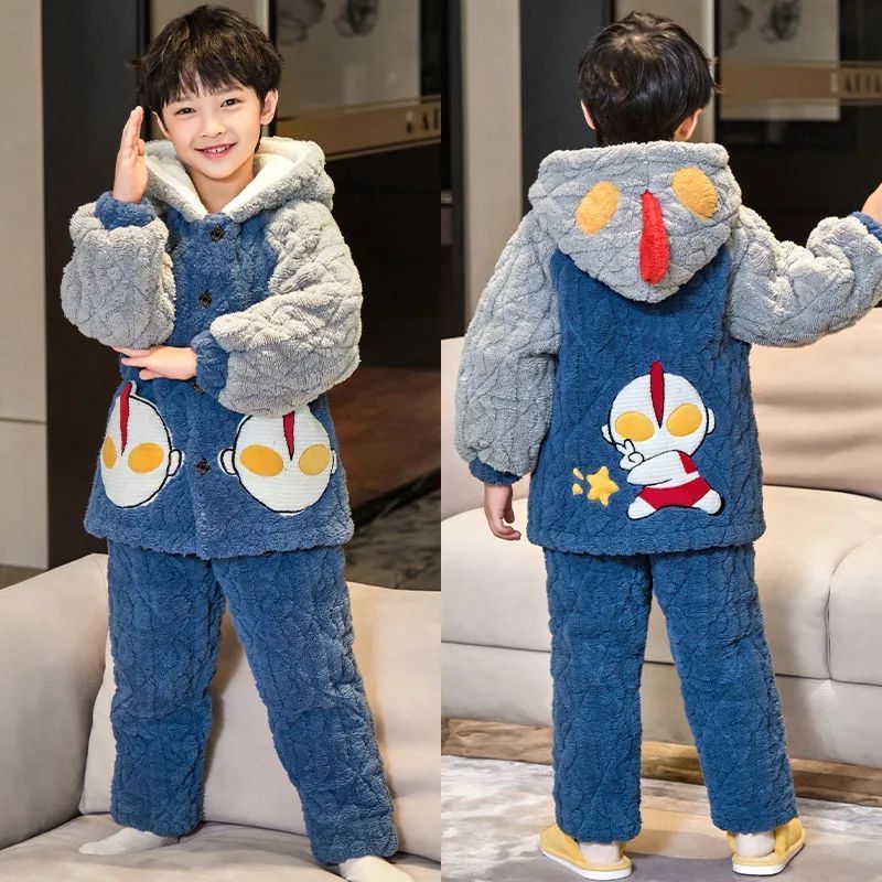 2025新款男童睡衣冬季款加厚珊瑚绒儿童三层夹棉法兰绒男孩家居服