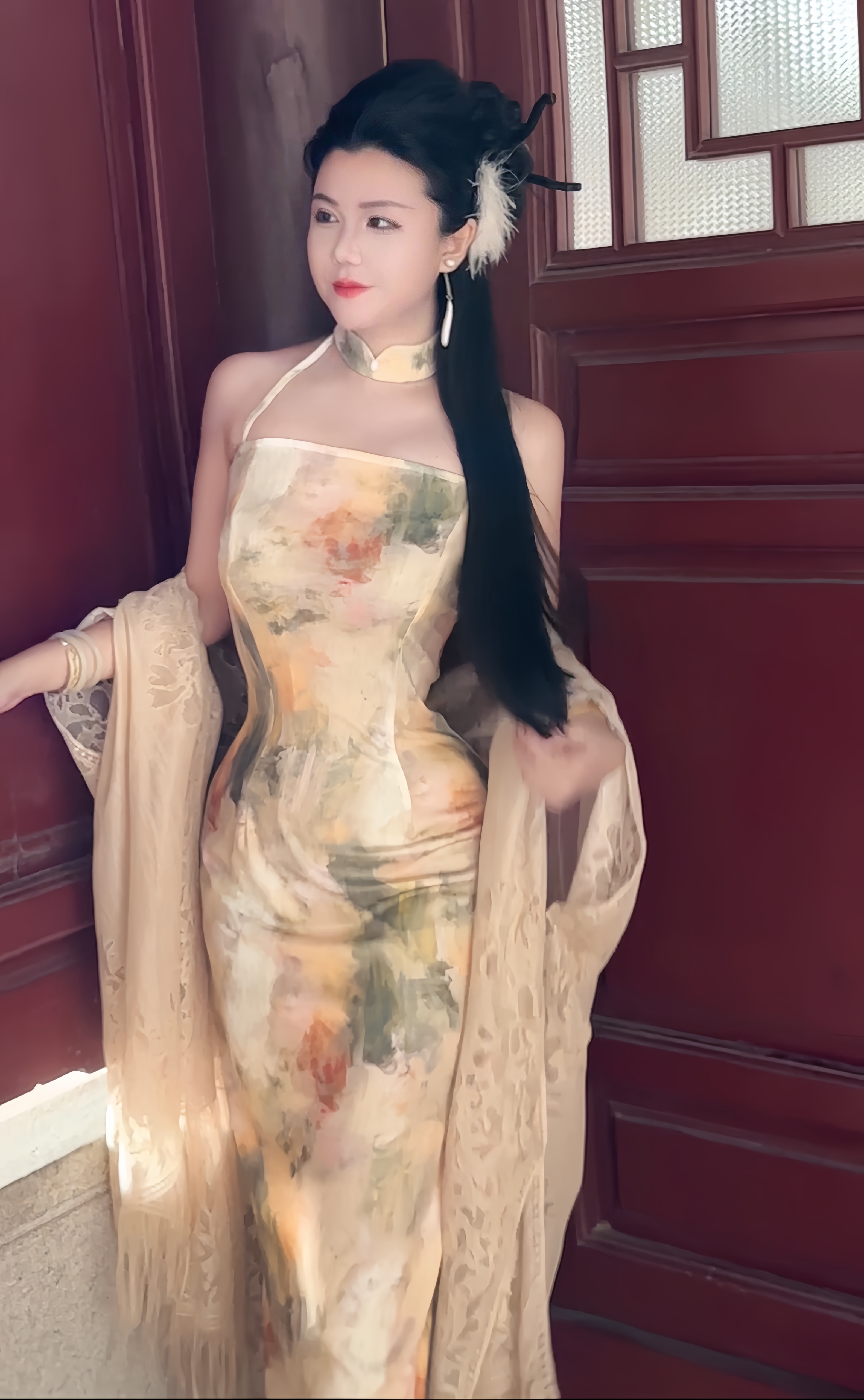绝版【浣溪纱】夏天印花气质修身挂脖抹胸新中式吊带旗袍裙长裙显瘦
