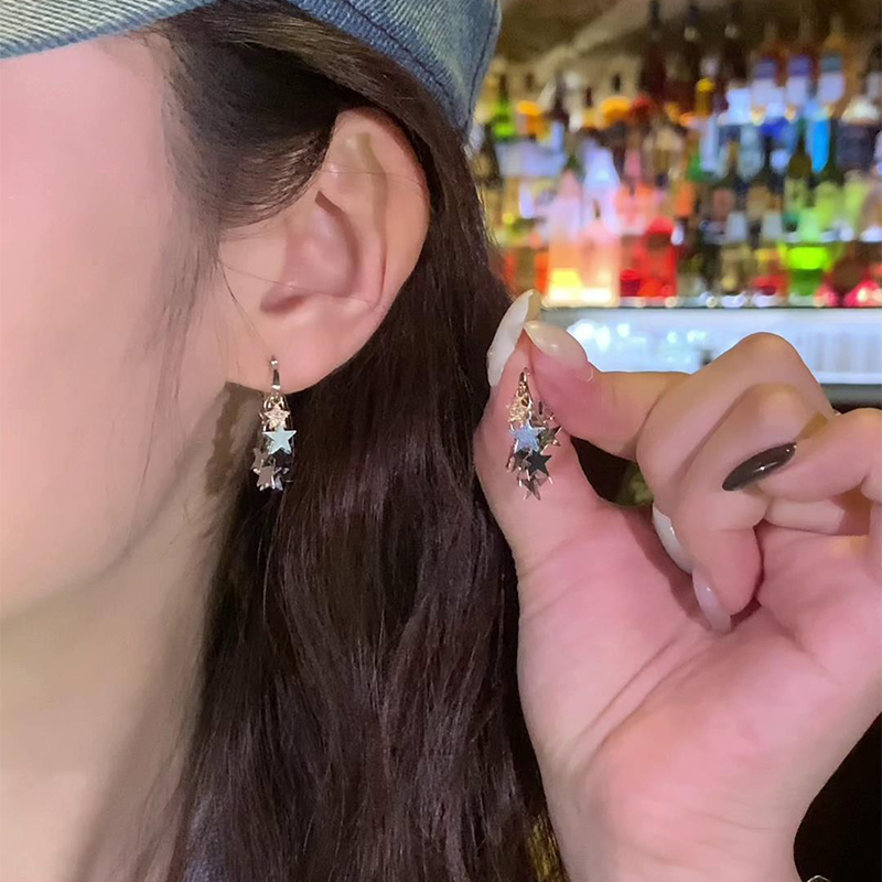 铜合金耳饰 银质星星流苏耳扣 金银拼色镶钻耳饰小众简约气质耳扣