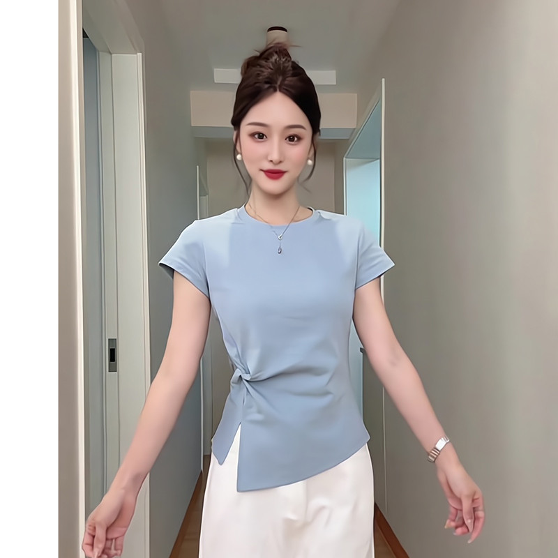 复古圆领高级感别致褶皱浅蓝色短袖女夏季新款休闲上衣潮