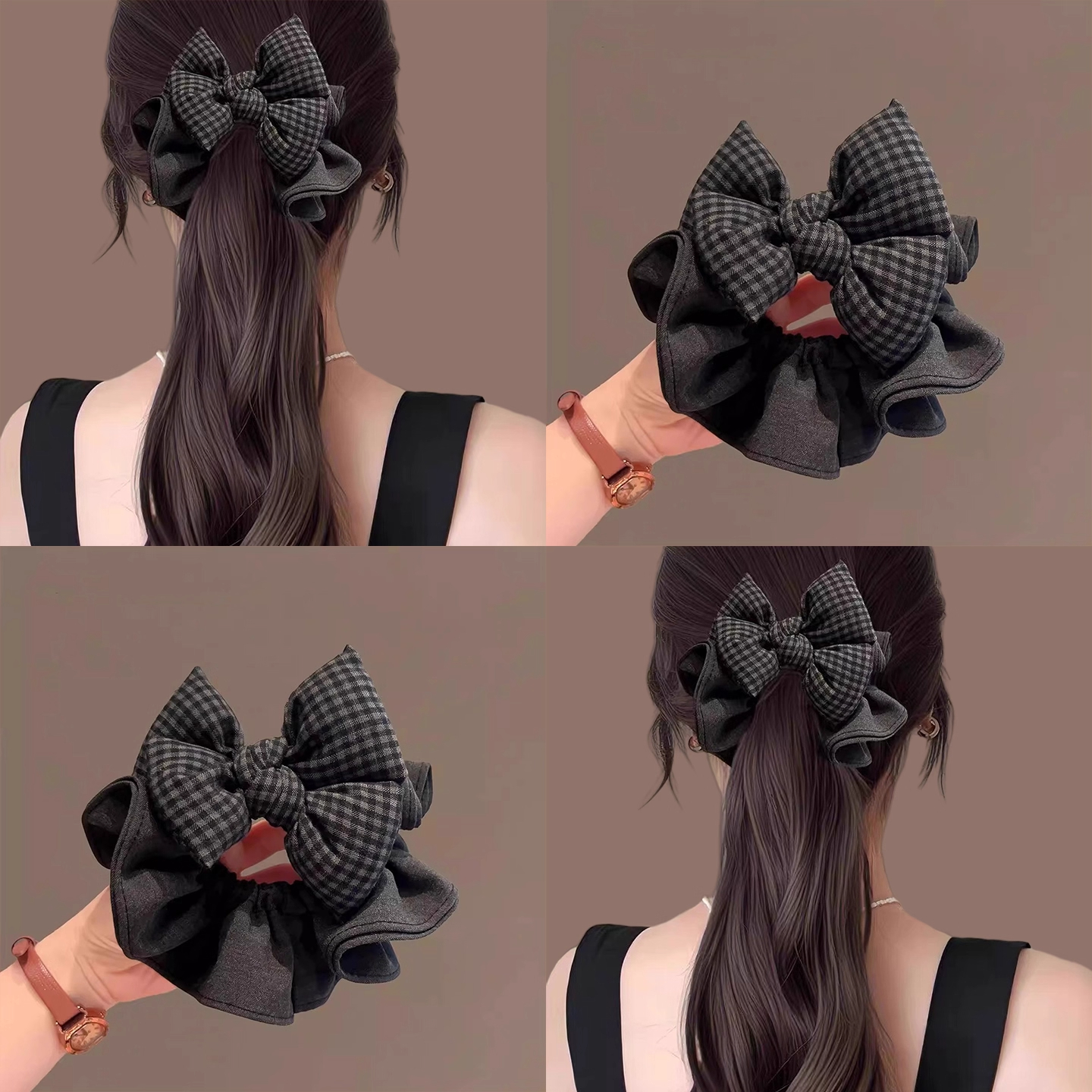 黑灰格纹蝴蝶结发圈女2025新款百搭高端头绳高马尾可爱发圈发饰