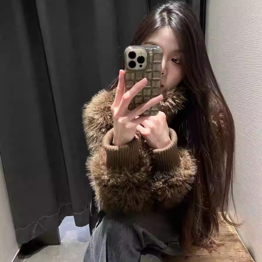 美式简约立领拉链皮草外套女毛毛外套冬季慵懒美拉德加厚保暖上衣