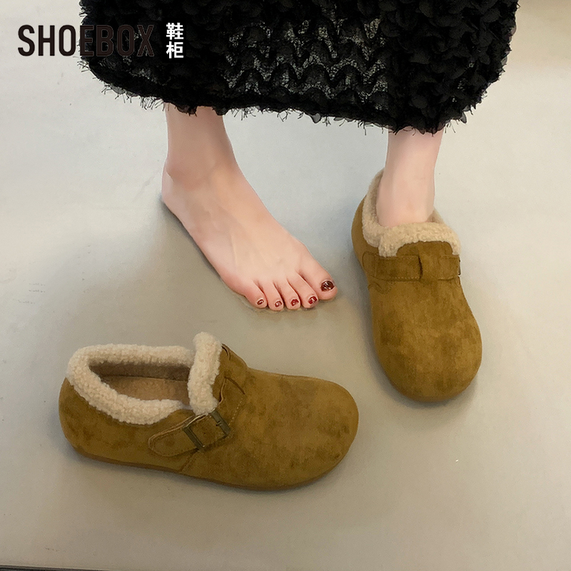 达芙妮集团旗下全包勃肯鞋女2025新款冬季加绒保暖棉鞋毛毛豆豆鞋