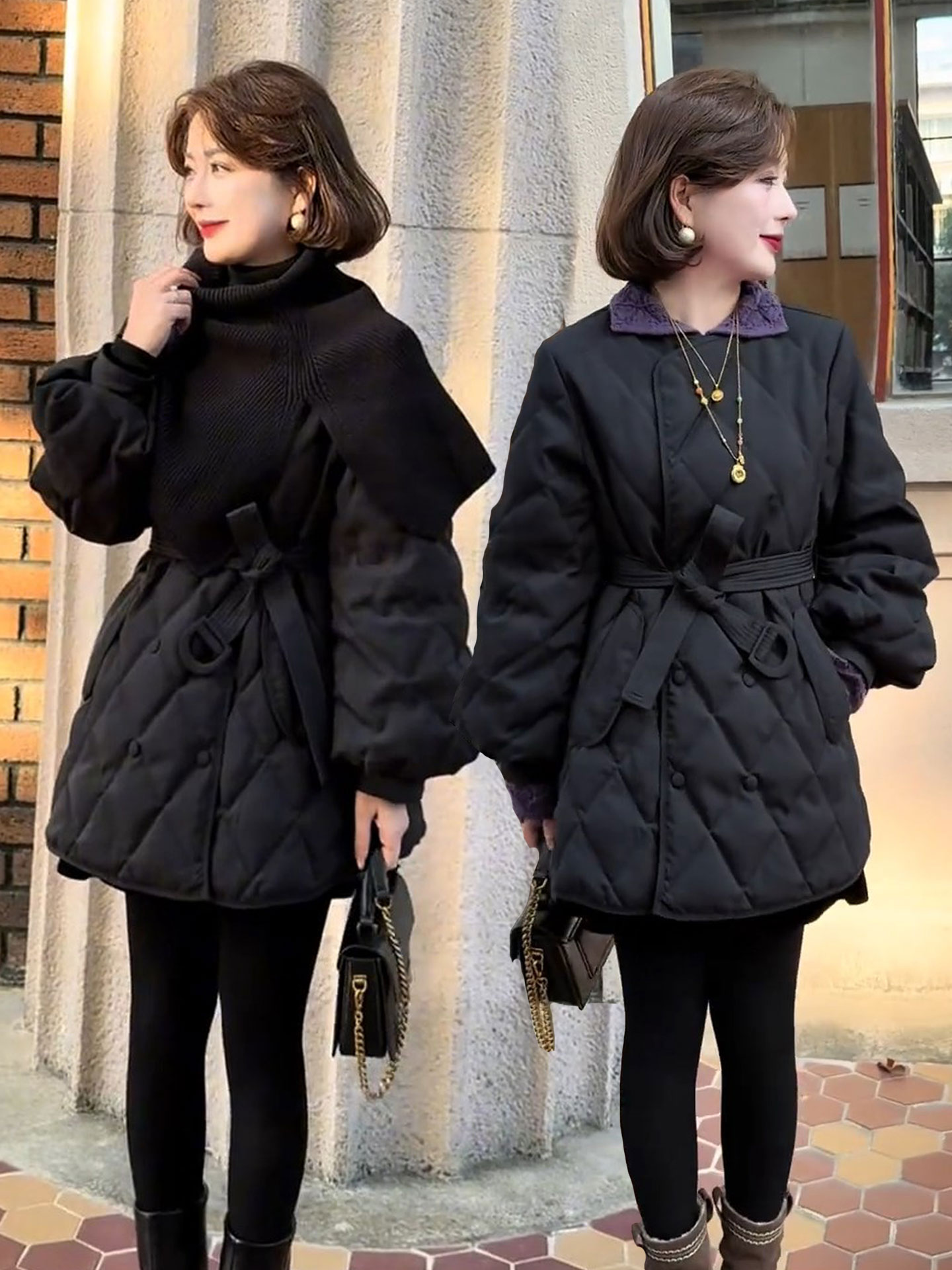 韩系2025冬季新款收腰显瘦中长款菱形格羽绒服外套女时尚休闲上衣