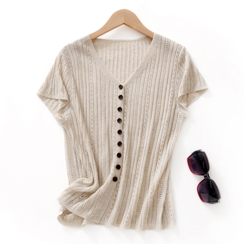 夏季新款亚麻V领镂空勾花短袖针织开衫女宽松显瘦百搭女半袖上衣