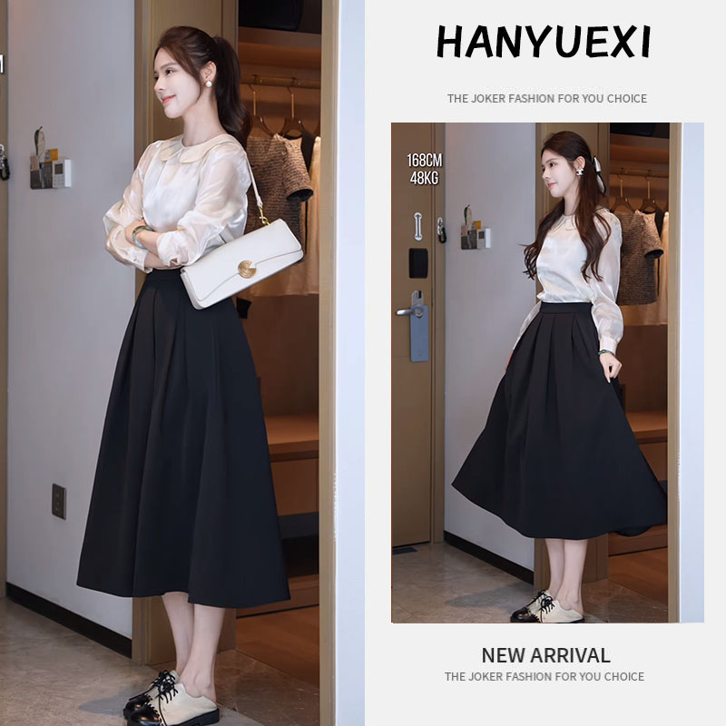 秋季时尚一整套女装2025新款洋气娃娃领长袖衬衫百搭半身裙两件套