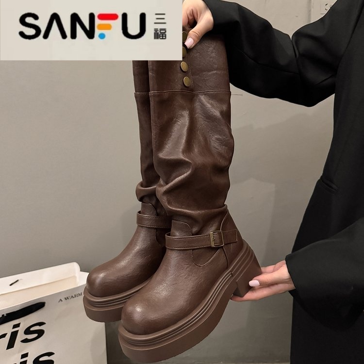 SANFU/三福高帮鞋时尚复古百搭圆头靴冬季长筒英伦风时装靴厚底