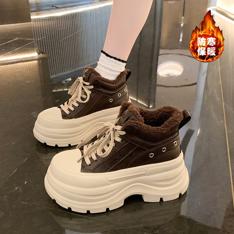 真皮松糕厚底高帮老爹鞋女2025冬季新款复古百搭小个子增高运动鞋