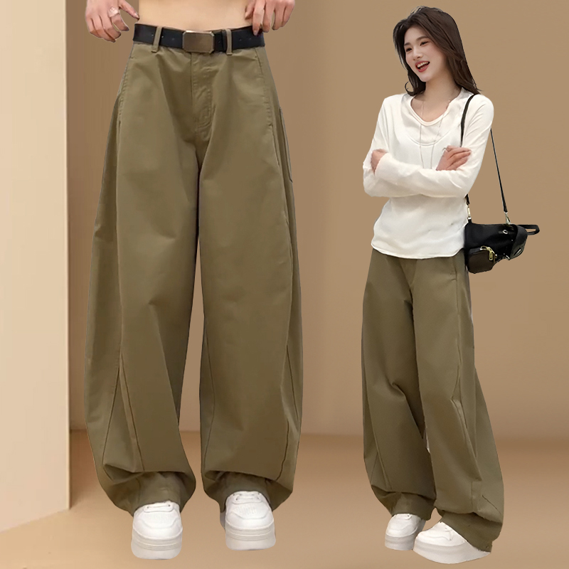 美式复古卡其色弯刀裤女2025春秋季新款设计感宽松阔腿直筒长裤子