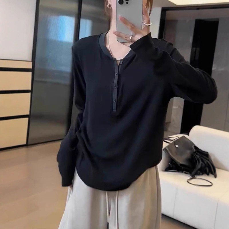 大码棉质半开领正肩长袖打底衫t恤女秋冬胖mm时尚宽松设计感上衣