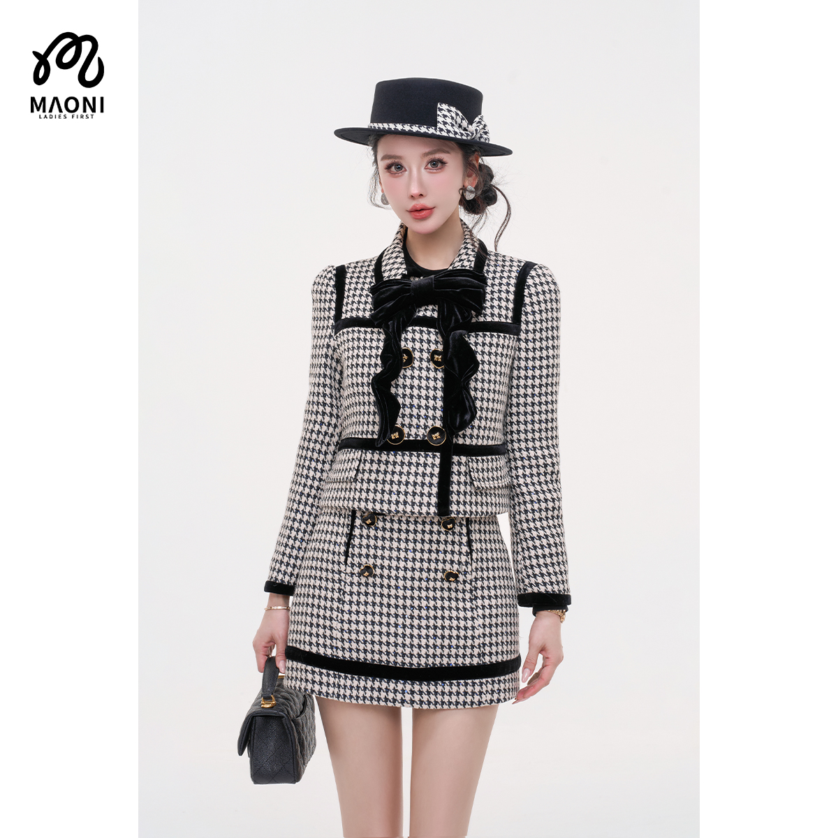 毛妮LADIESFIRST【千鸟絮语】蝴蝶结可拆千鸟格小香风女外套L2475